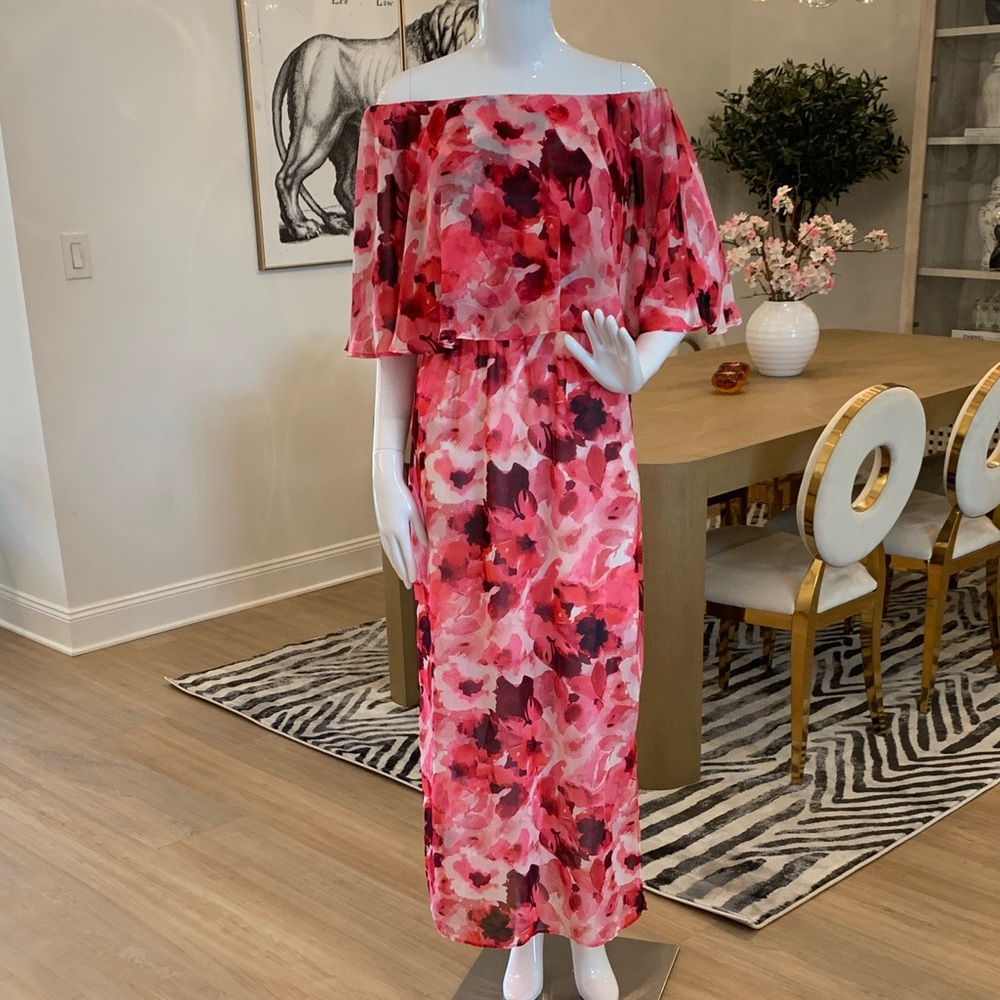Colleen Lopez Off-Shoulder Floral Maxi Dress in Pink and Red